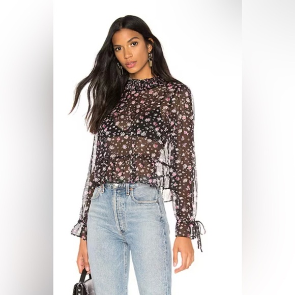 NWT BCBGeneration Sheer Smocked Mock Neck Blouse in Black Floral Print Size L - Picture 1 of 16